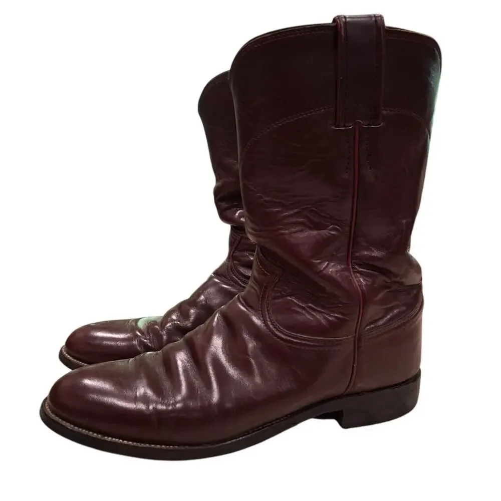 Justin 3037 Burgundy Leather Cowboy Roper Western Boots Sz 9D